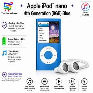 Refurbished Apple iPod Nano 4th Gene 8GB Blue- New Battery- 1 YR CPS warranty !